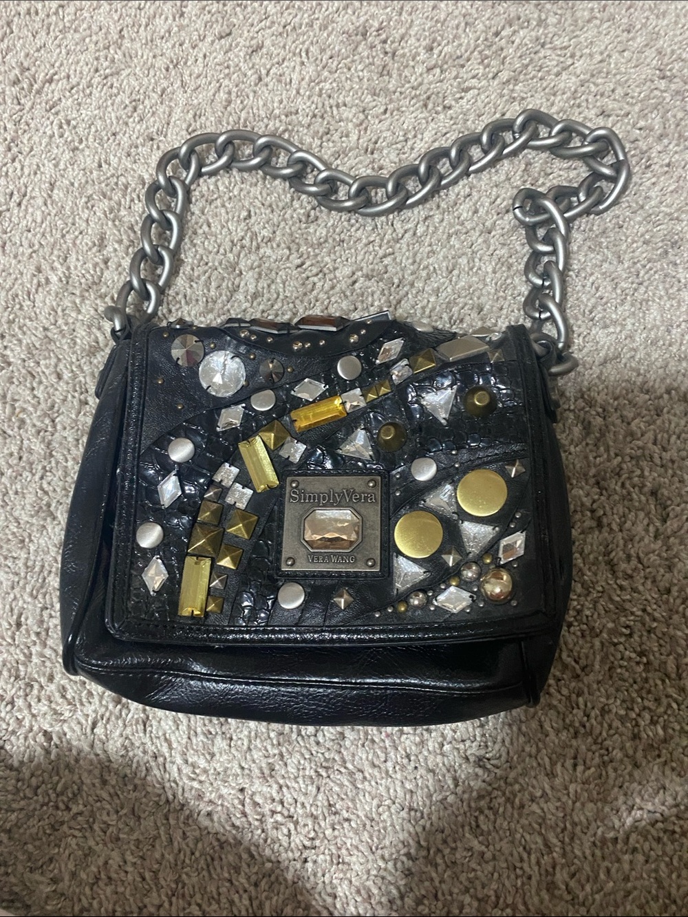 Simply Vera Vera Wang Black Embellished Shoulder Bag with Silver Chain